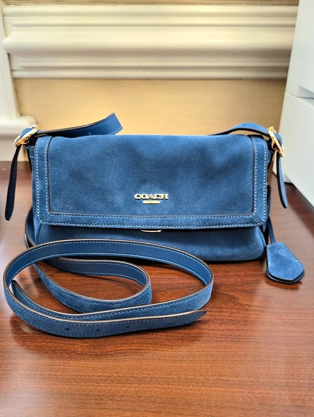Coach Etta Small Flap Shoulder Bag Blue Jay Suede Crossbody Bag Like New